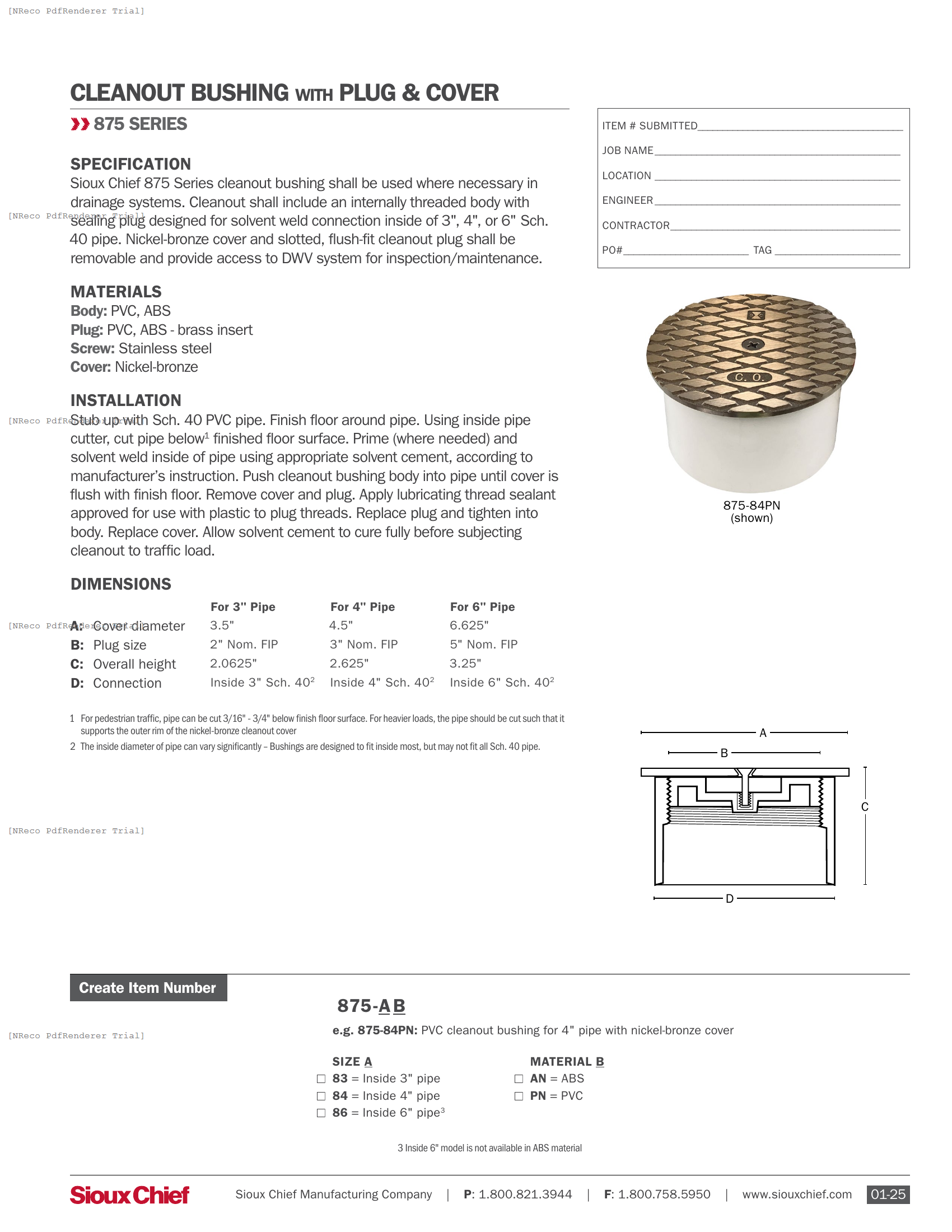 875-8 SERIES - CLEANOUT BUSHING WITH COVER - SPEC SHEET.PDF Specification Document